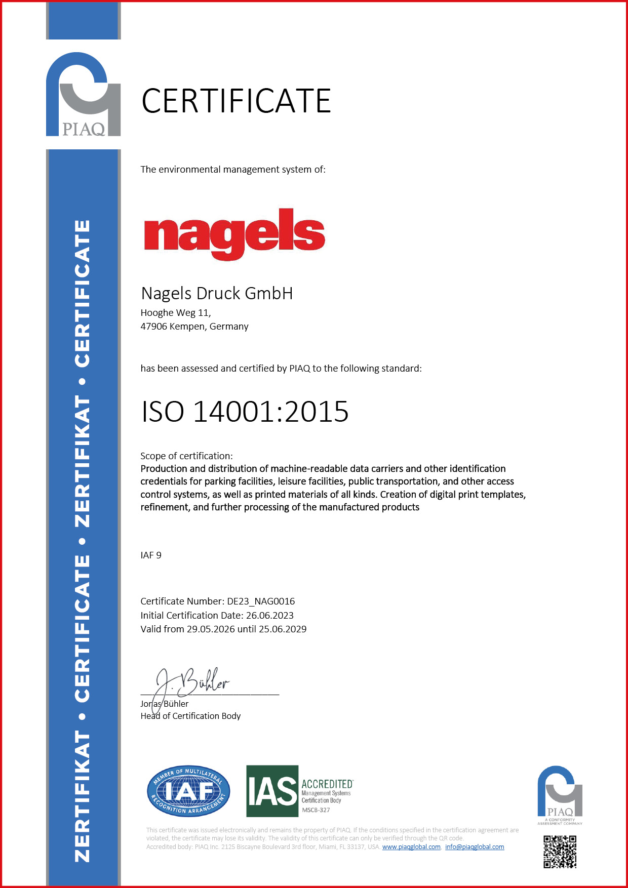 Nagels ISO 14001-certificaat